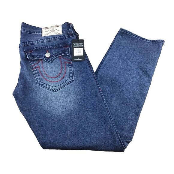 True Religion Ricky Big T Flap Men Blue Dark Shivering Wash Jeans Sz 34(35"×34")